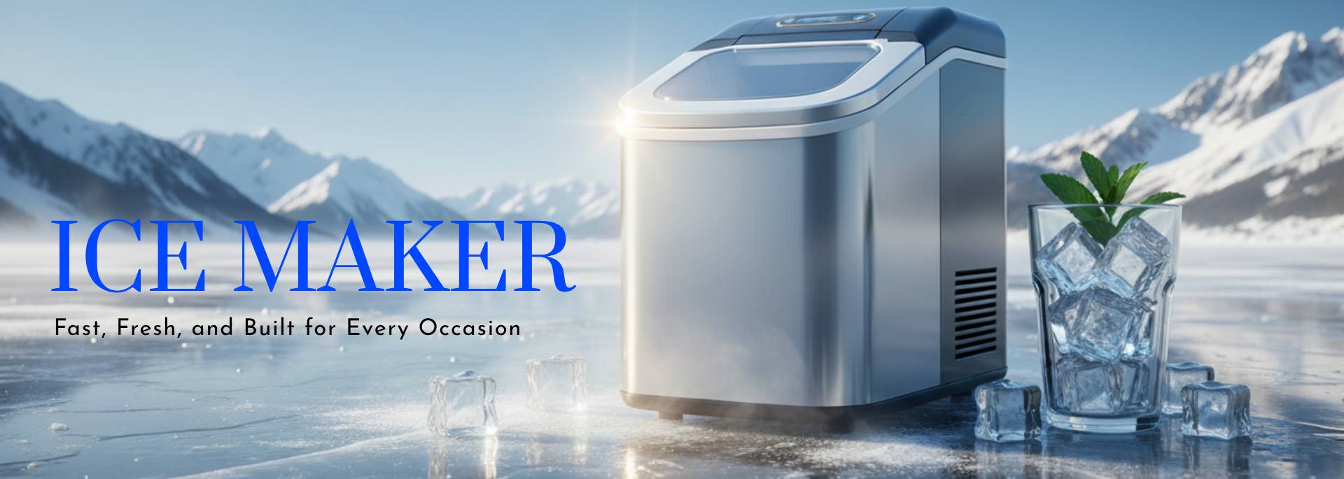 Ice maker with a glass of ice and mountains in the background