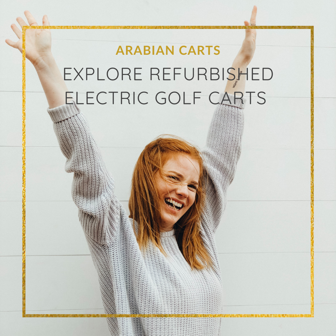 Person with arms raised against a white background with promotional text for Arabian Carts.