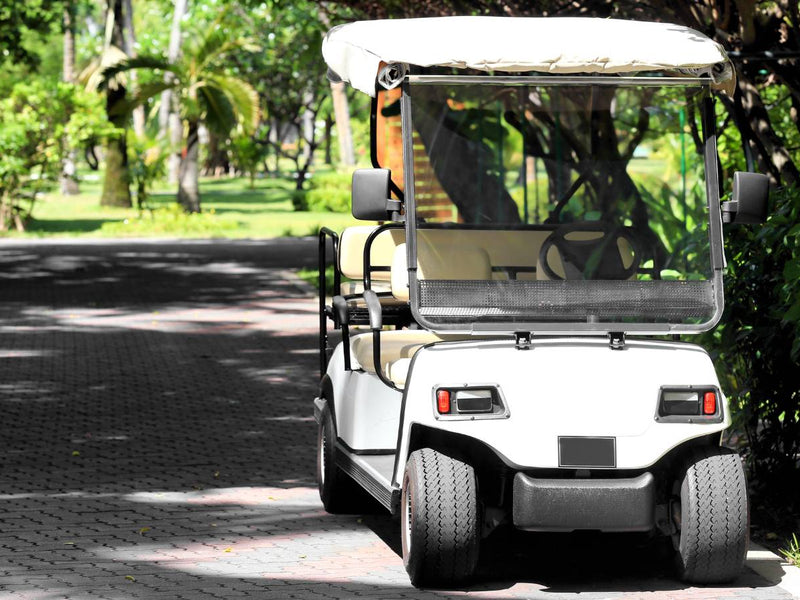 White golf cart on a paved path in a park-like setting with trees and greenery.