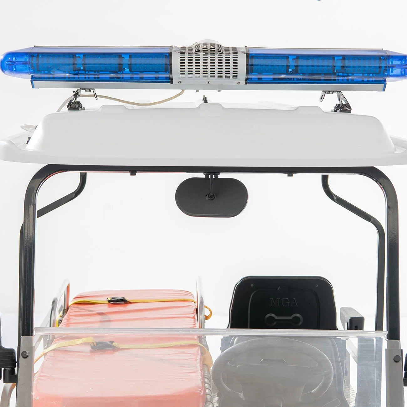 Emergency vehicle with blue light bar and medical equipment on a white background