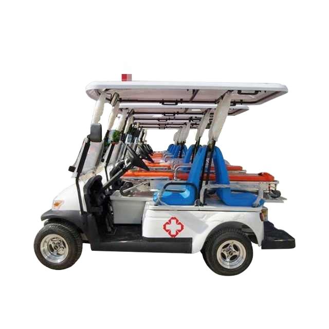White golf cart with blue seats and red cross symbol on a white background