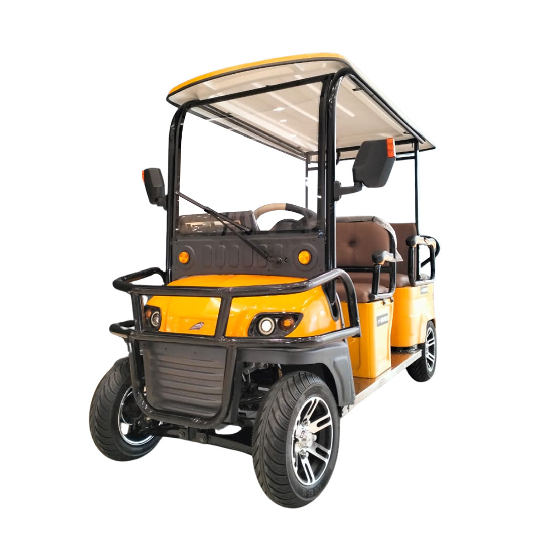 Yellow golf cart with a clear canopy on a white background