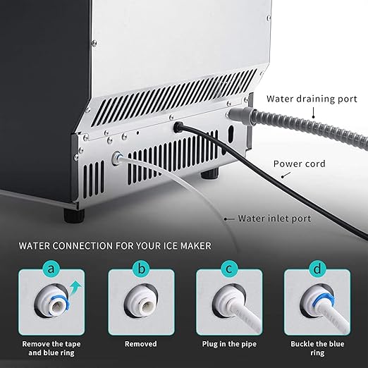 Diagram of an ice maker with labeled water connection ports and steps.