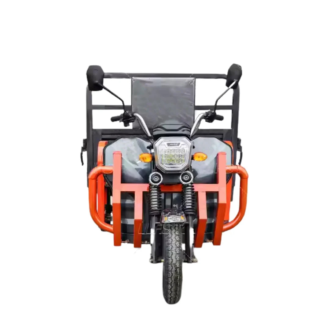 Motorcycle with orange side guard and black seat on a white background