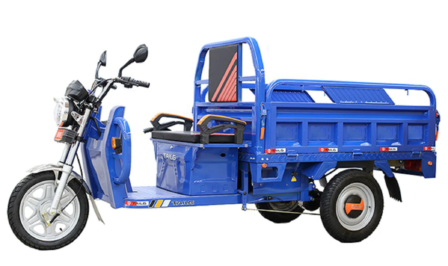 Blue electric tricycle cargo bike on a white background