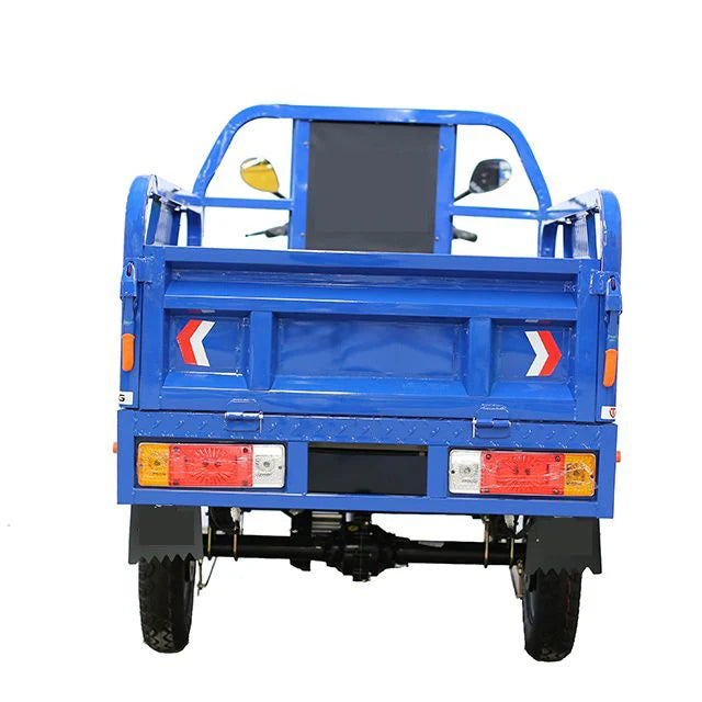 Blue cargo tricycle with a basket on a white background