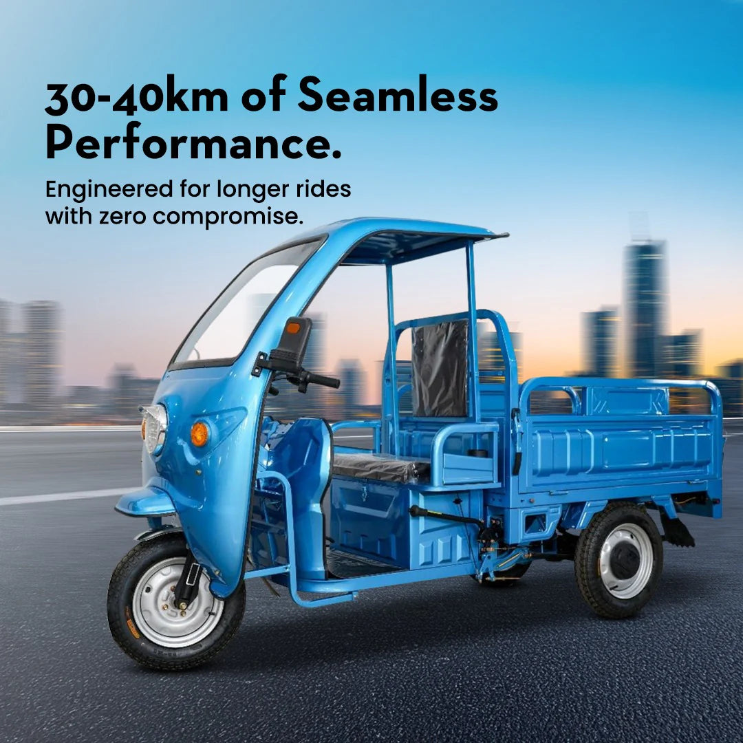 Blue three-wheeled vehicle on a road with a cityscape in the background and text about performance.