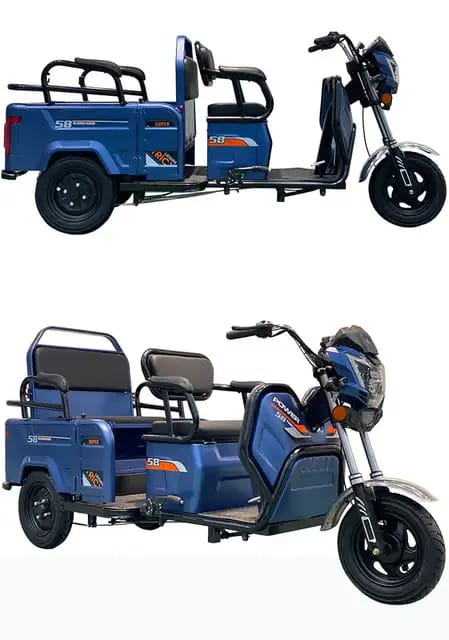 Two blue electric rickshaws with cargo beds on a white background