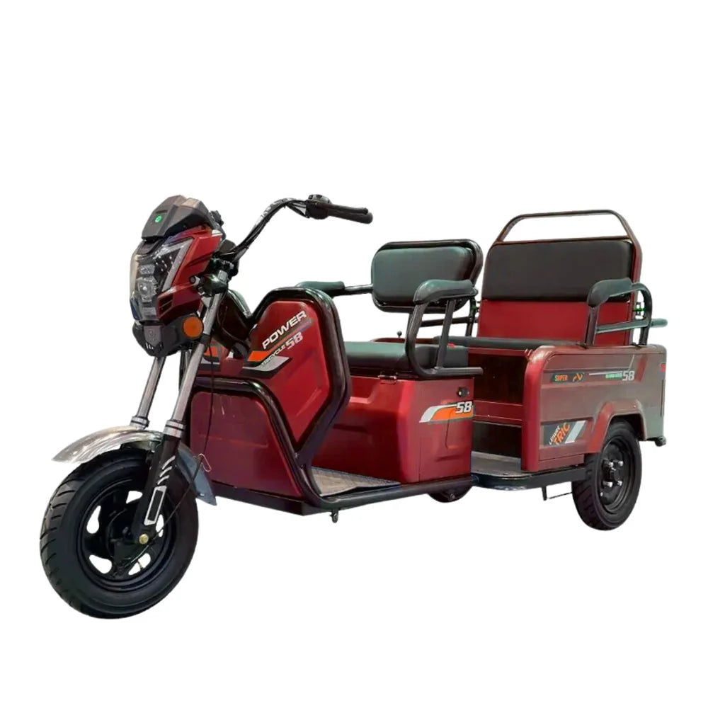 Red electric tricycle with two seats on a white background
