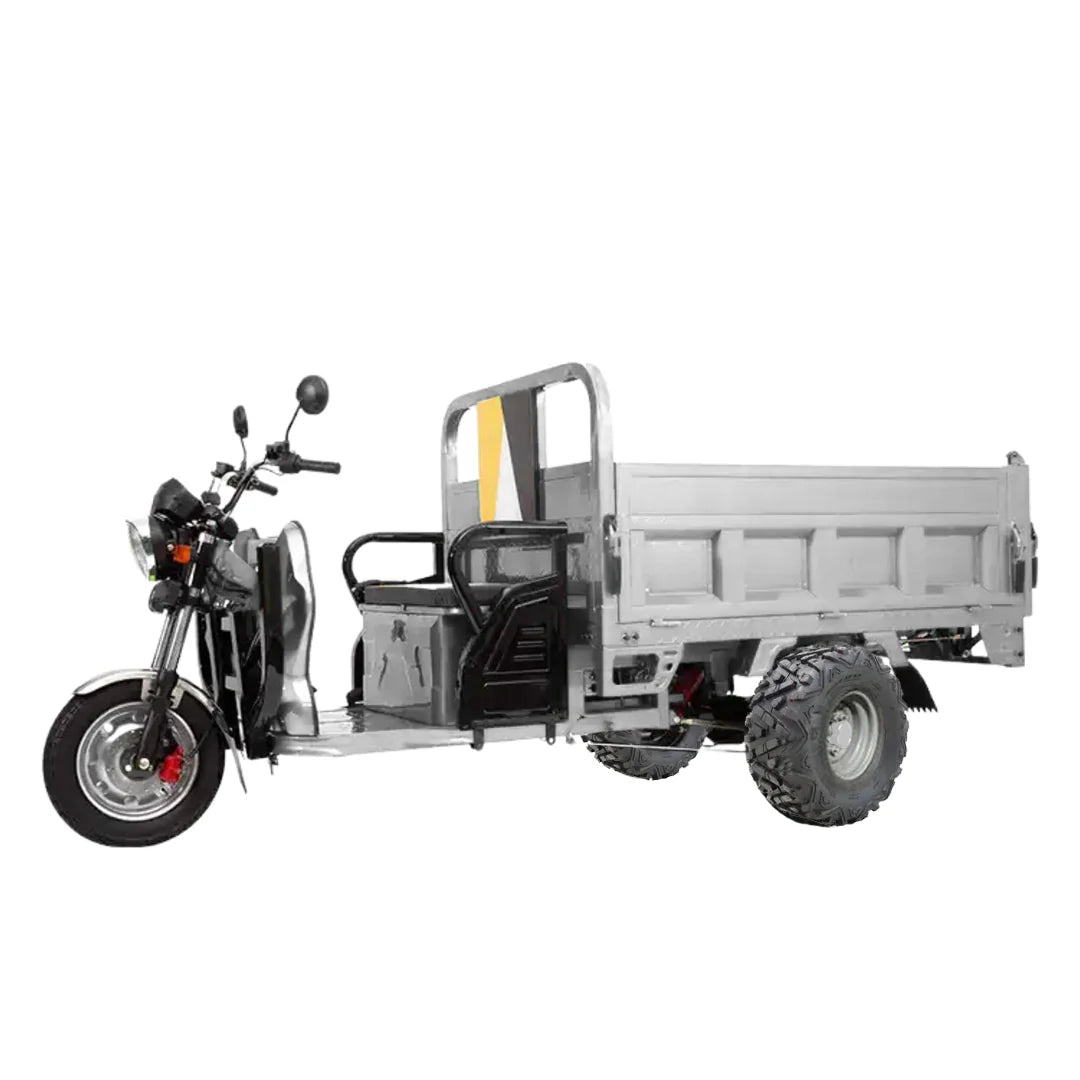 Three-wheeled motor vehicle with a cargo bed on a white background