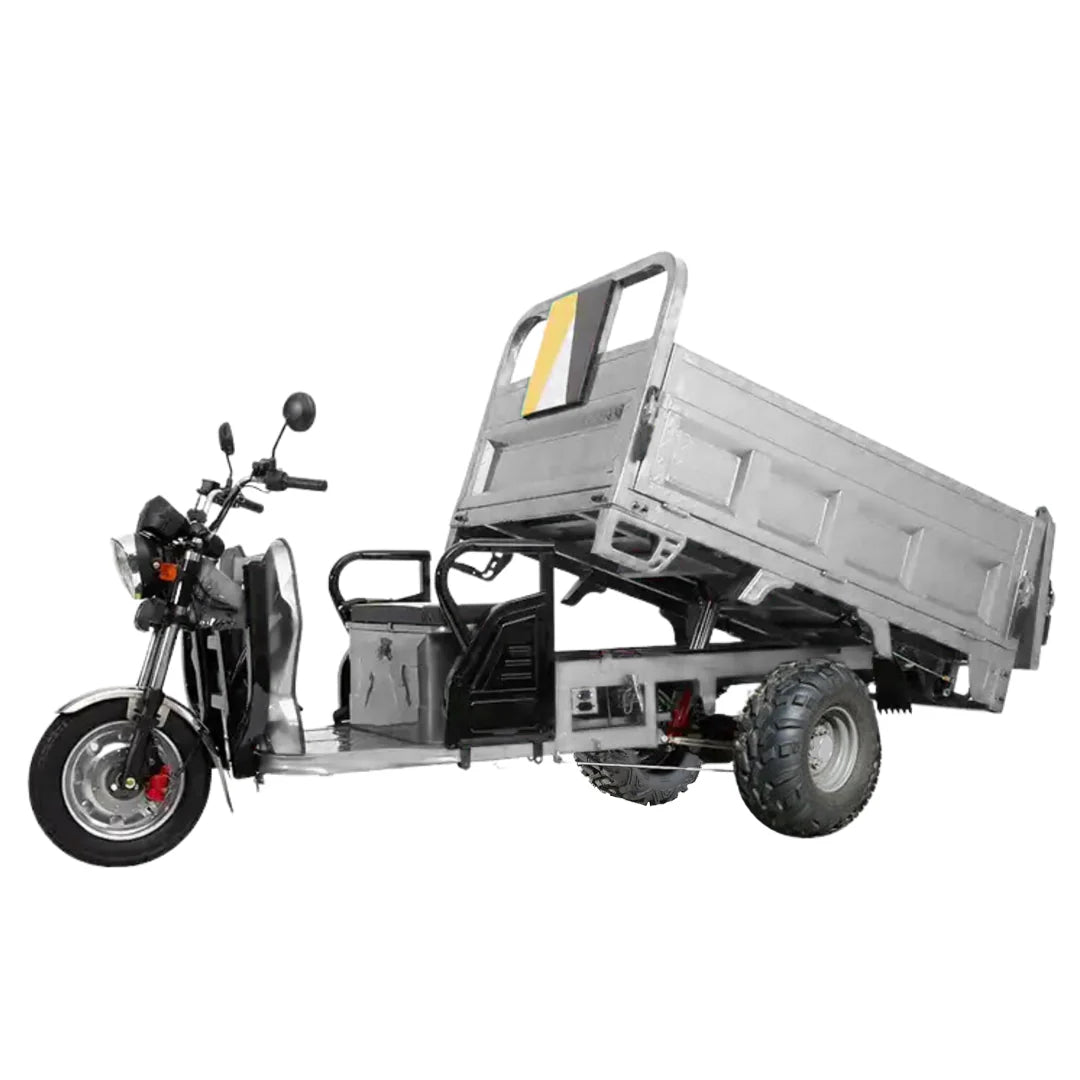 Three-wheeled motor vehicle with a cargo bed on a white background