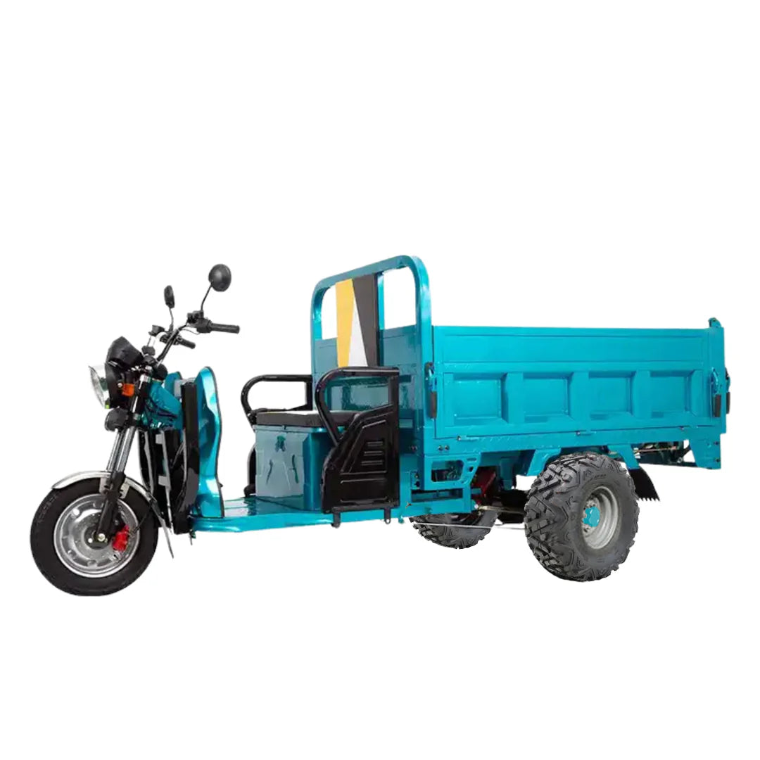Turquoise three-wheeled motor vehicle with cargo bed on a white background