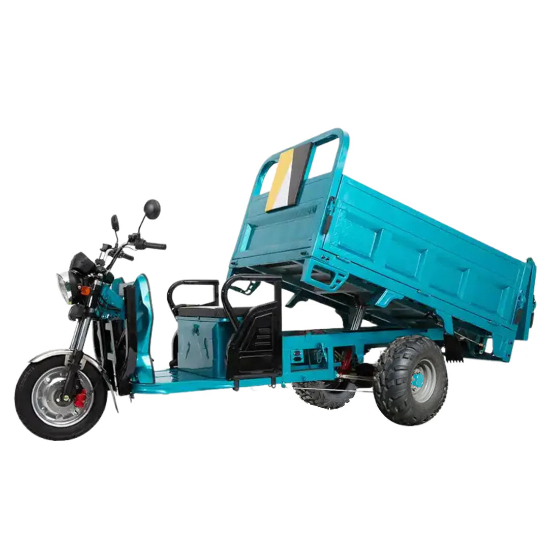 Turquoise three-wheeled motor vehicle with a cargo bed on a white background