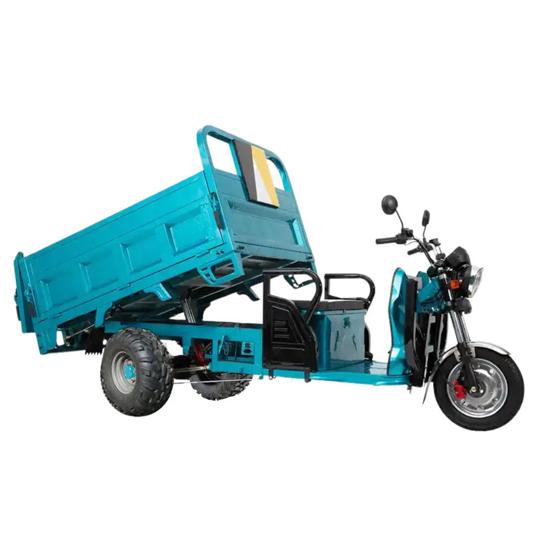 Blue three-wheeled motor vehicle with a cargo bed on a white background