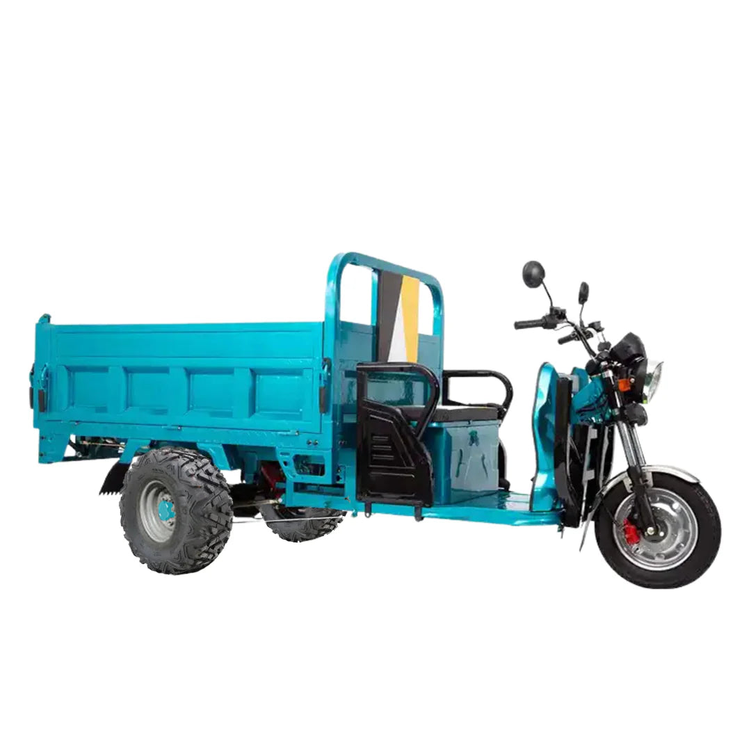 Turquoise three-wheeled motor vehicle with a cargo bed on a white background