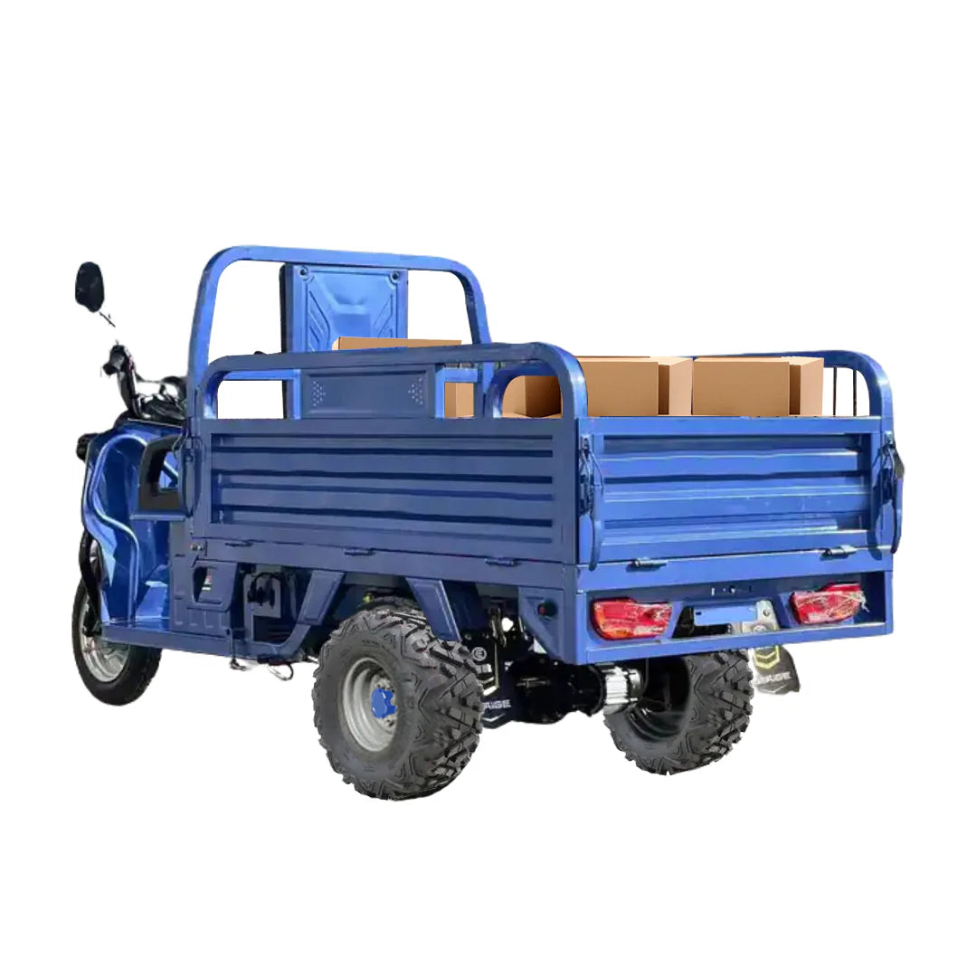 Blue cargo tricycle with a metal bed on a white background