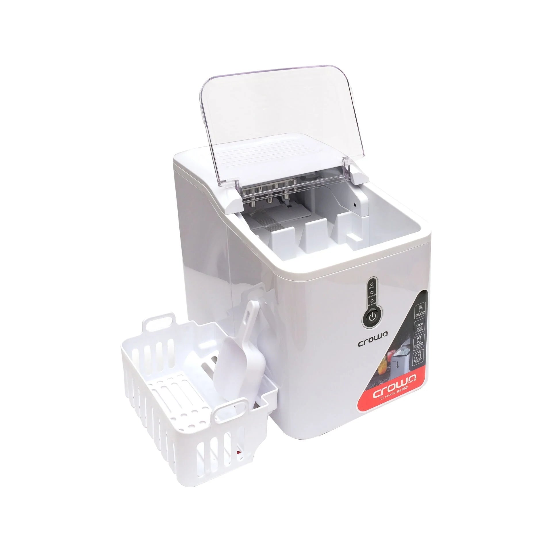 White and gray electronic device with a transparent lid on a white background, featuring the brand 'Crown'.