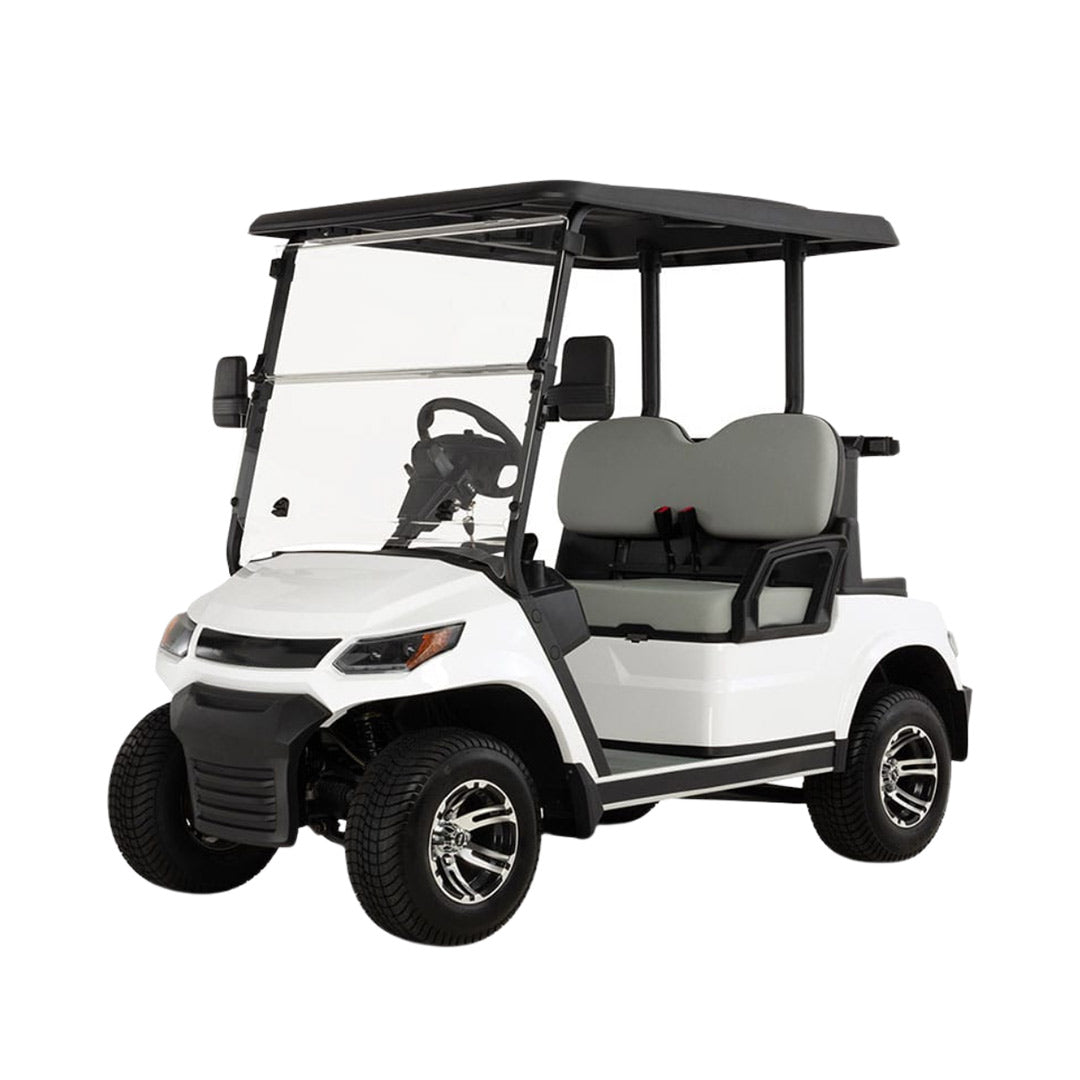 White golf cart with black top on a white background