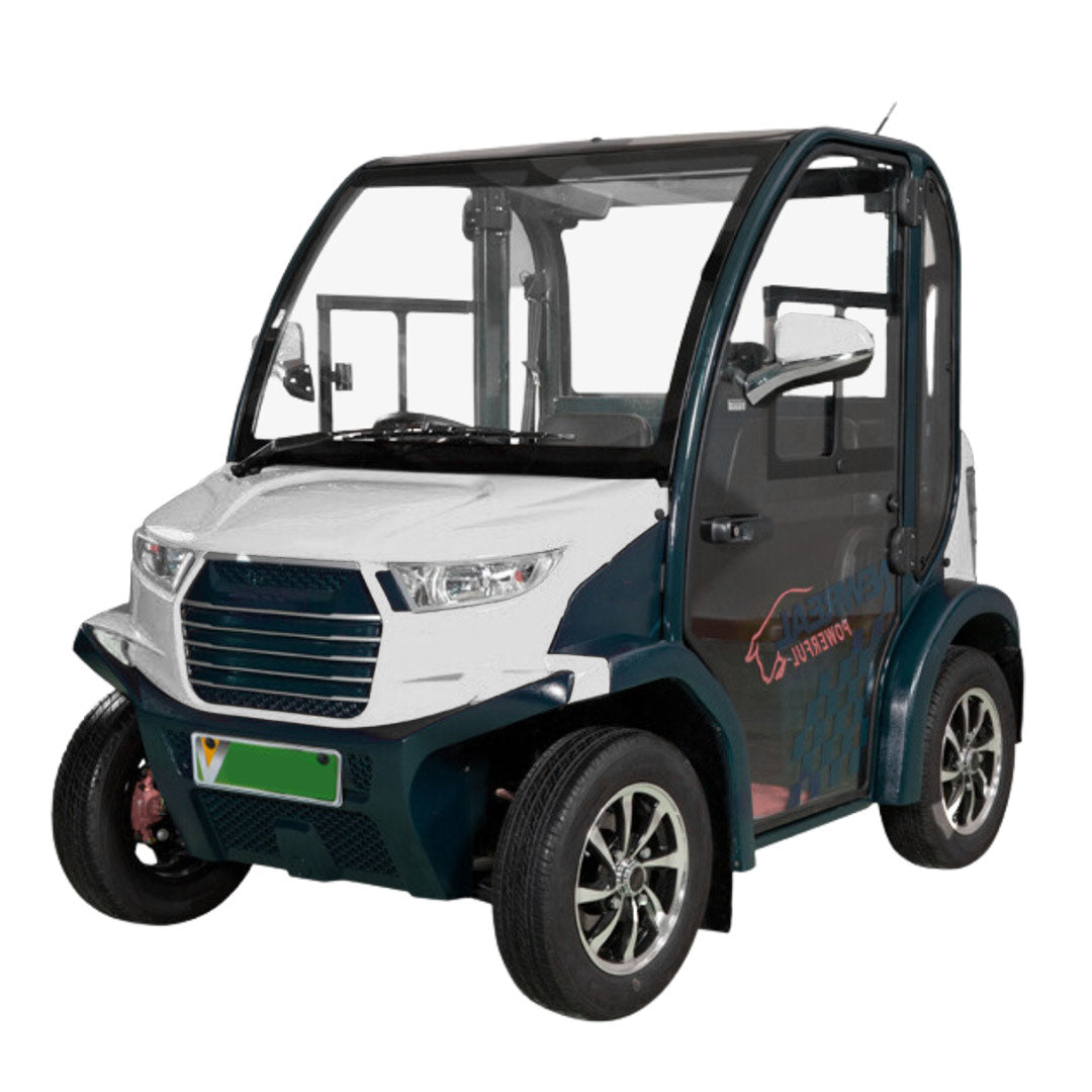 Small electric vehicle with a white and black design on a white background