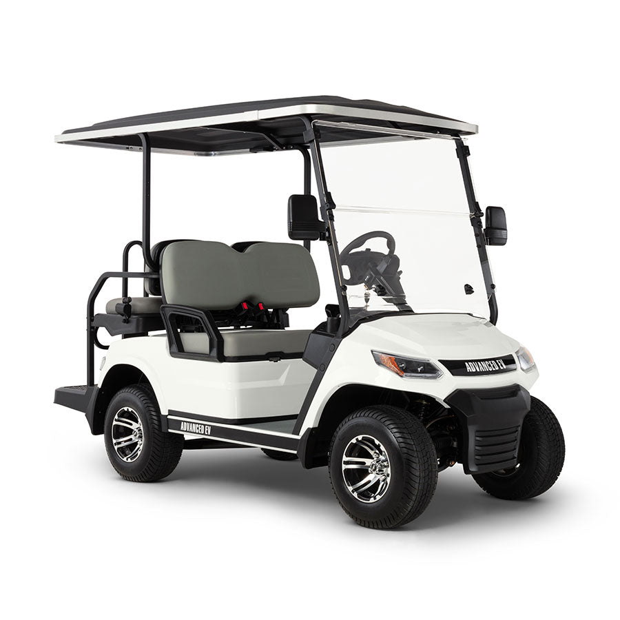 White golf cart with black roof on a white background