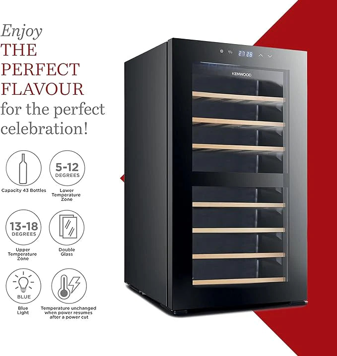 Black wine cooler with features highlighted on a white and red background