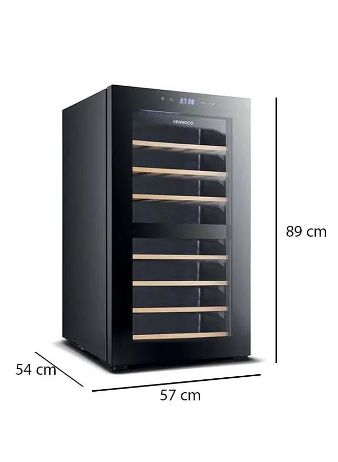 Black wine cooler with dimensions labeled on a white background
