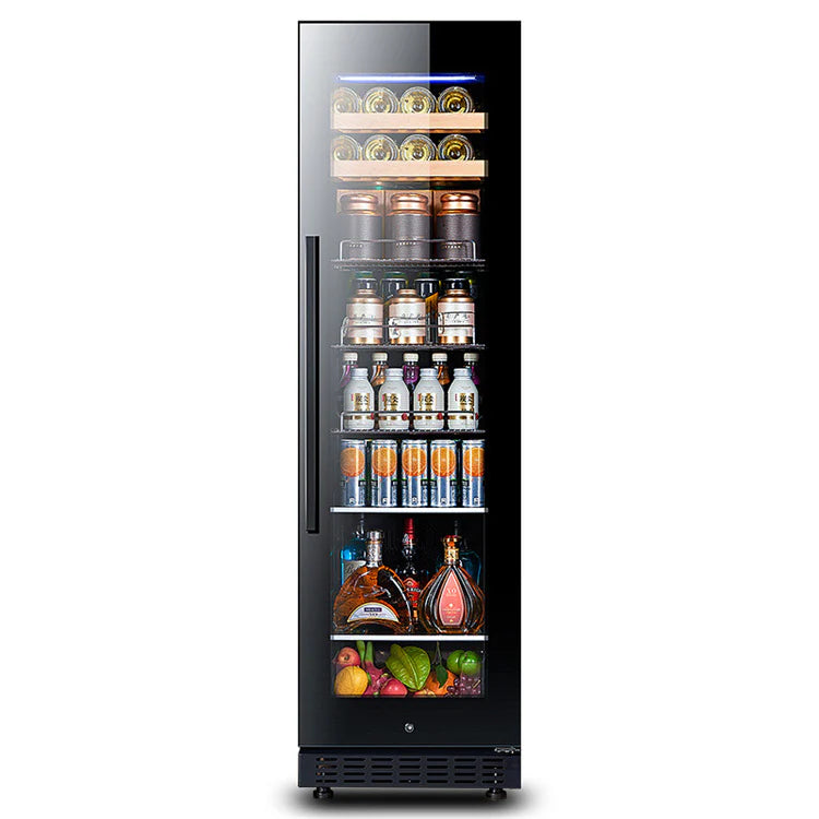 Beverage cooler with various bottles and items on a white background