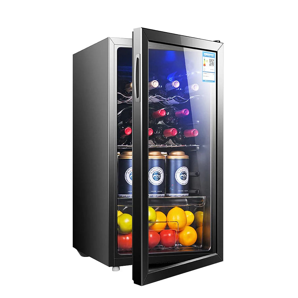 Small refrigerator with glass door displaying drinks and fruits on a white background