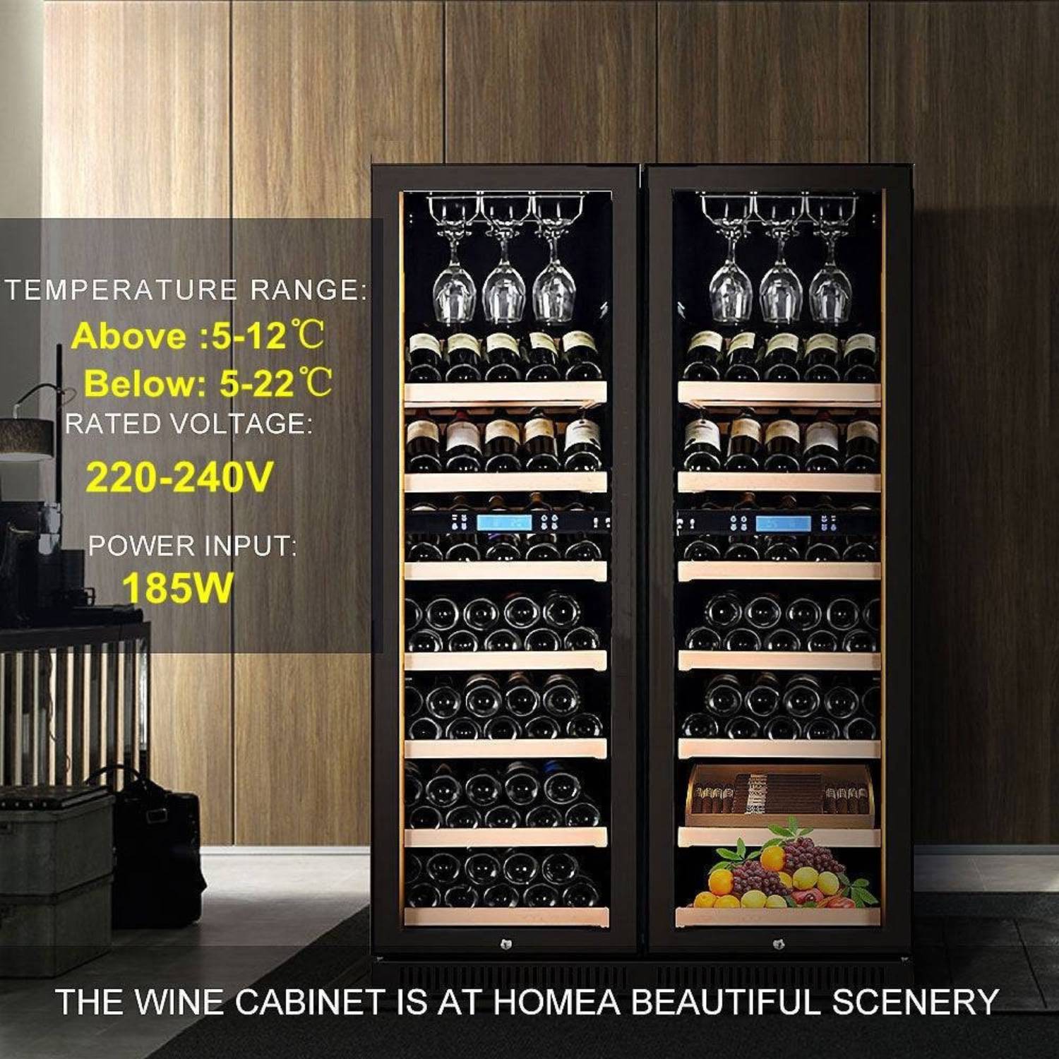 Wine cabinet with wine bottles and glasses on a wooden background