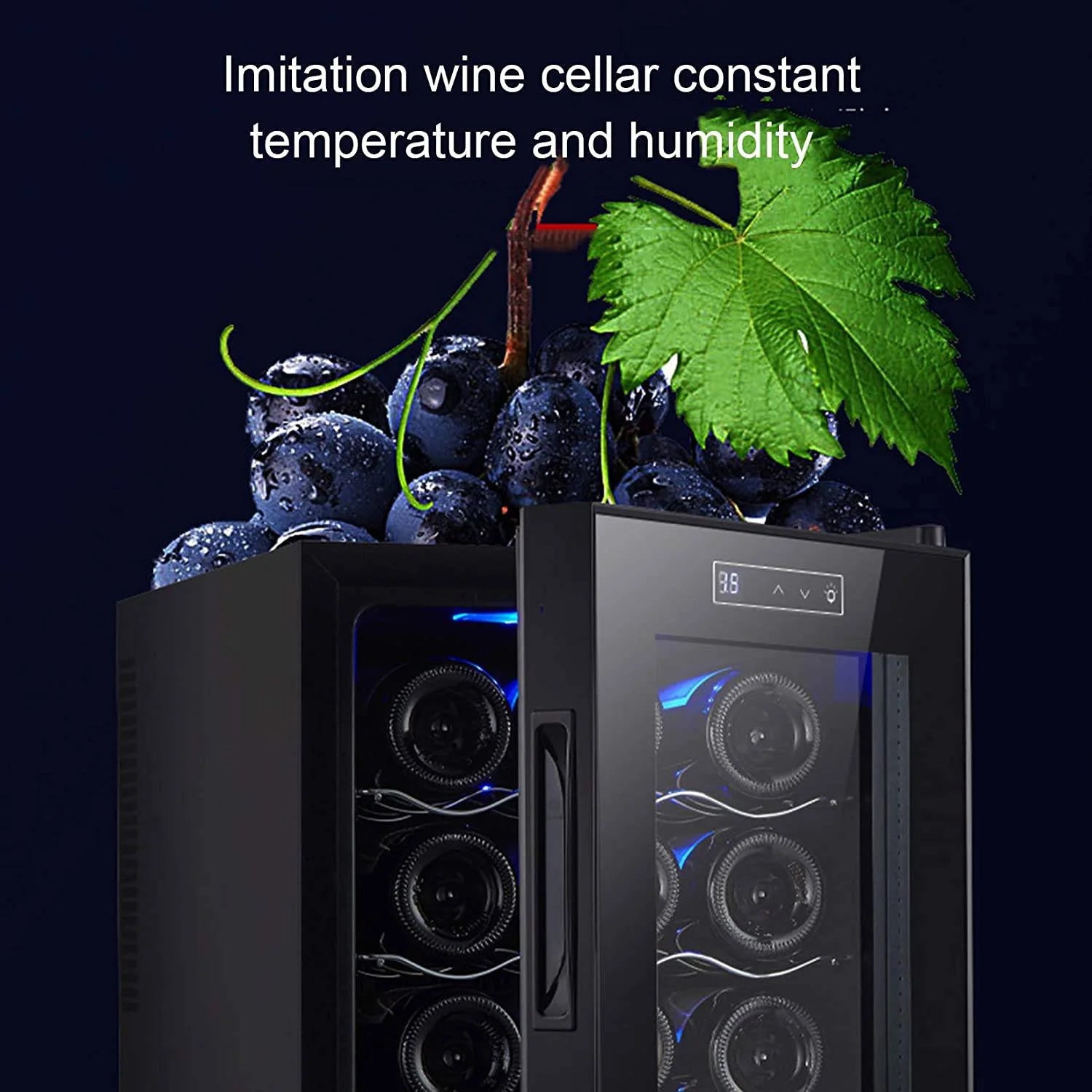 Wine cellar with grapes and leaves on a dark background
