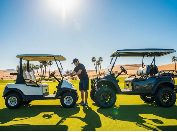 Two golf carts on a golf course with a person interacting with one of them.