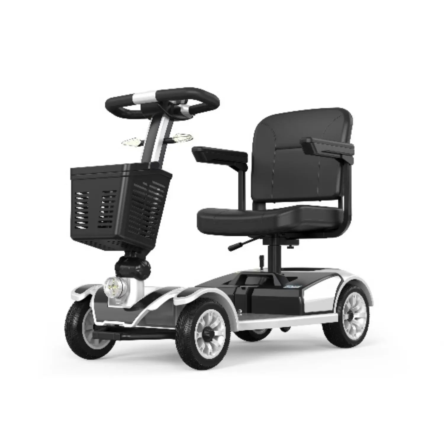 Black mobility scooter with a seat and basket on a white background