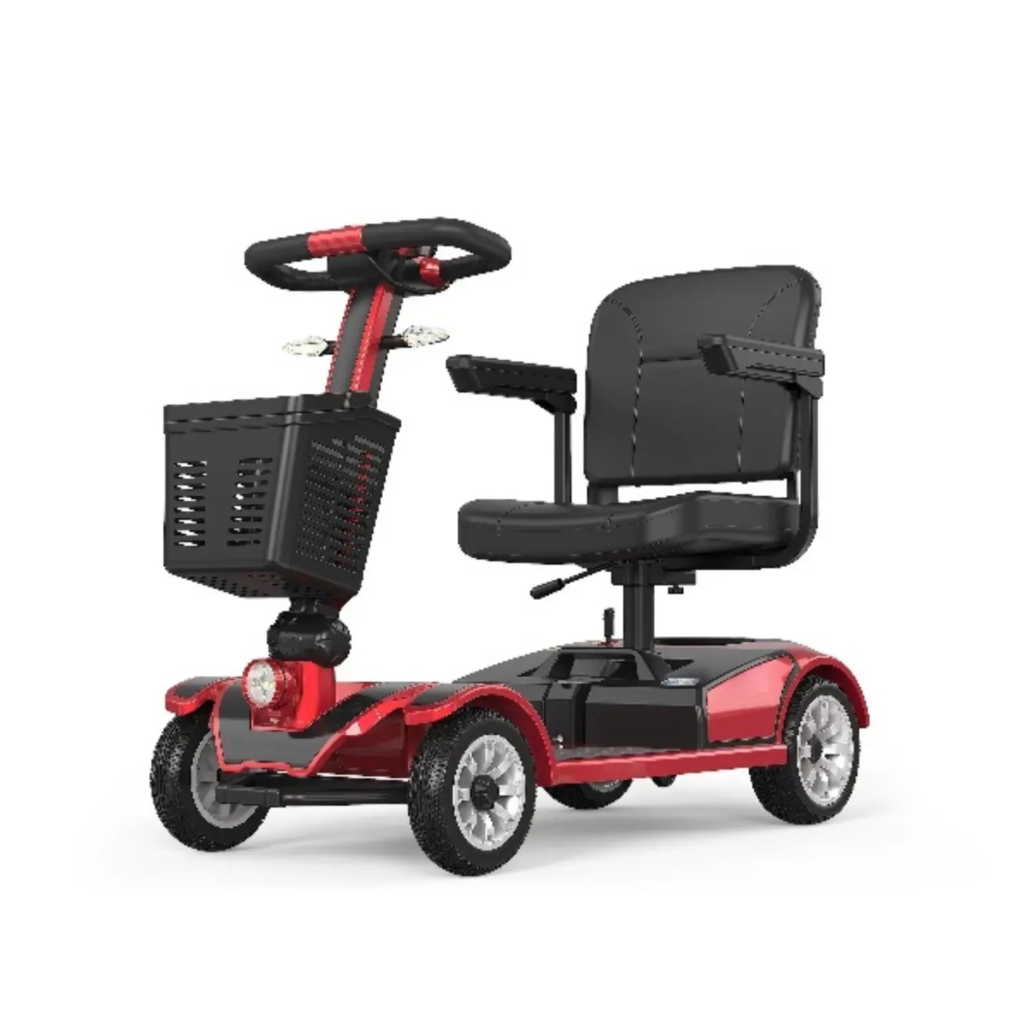 Red and black mobility scooter with a basket on a white background