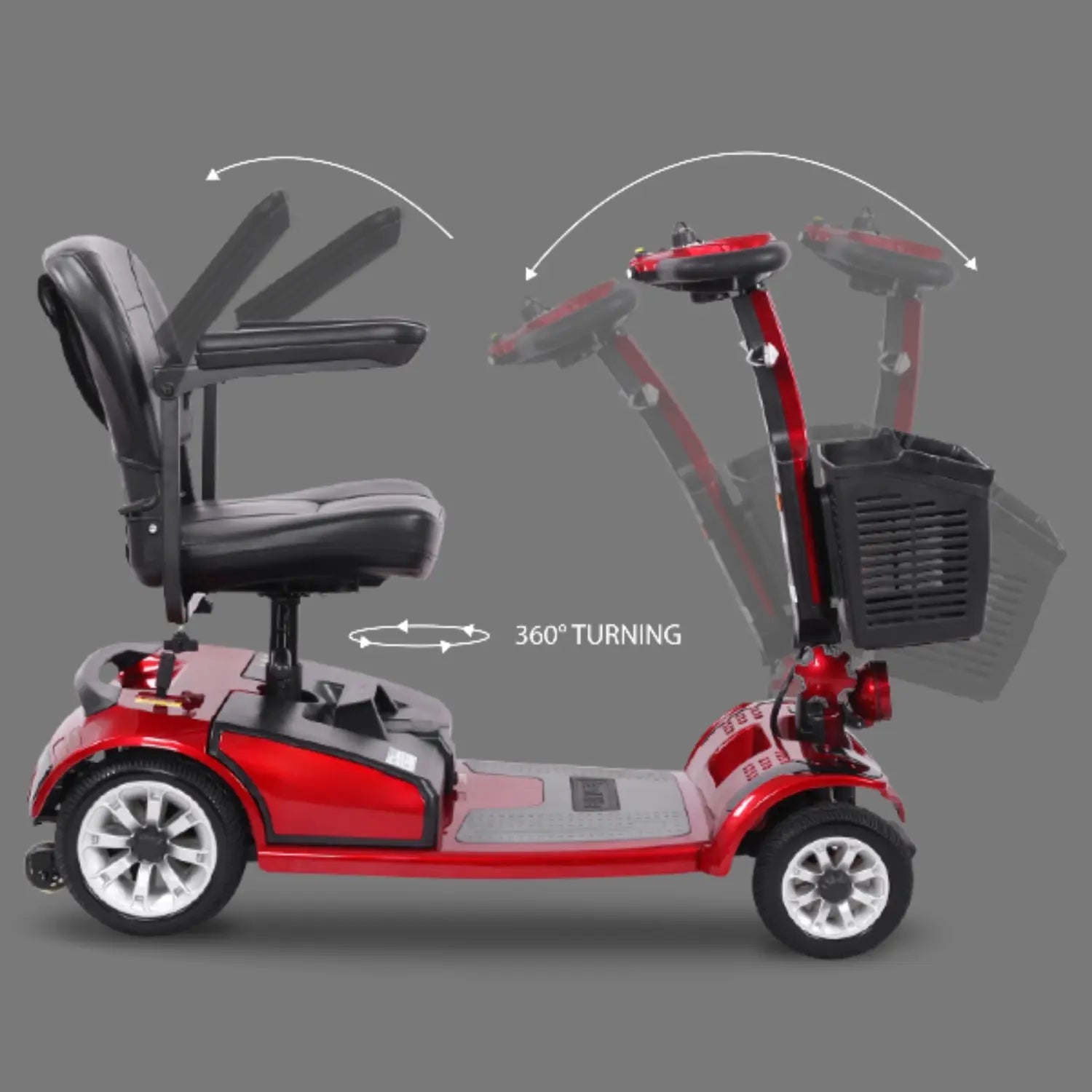 Red mobility scooter with a black seat on a gray background