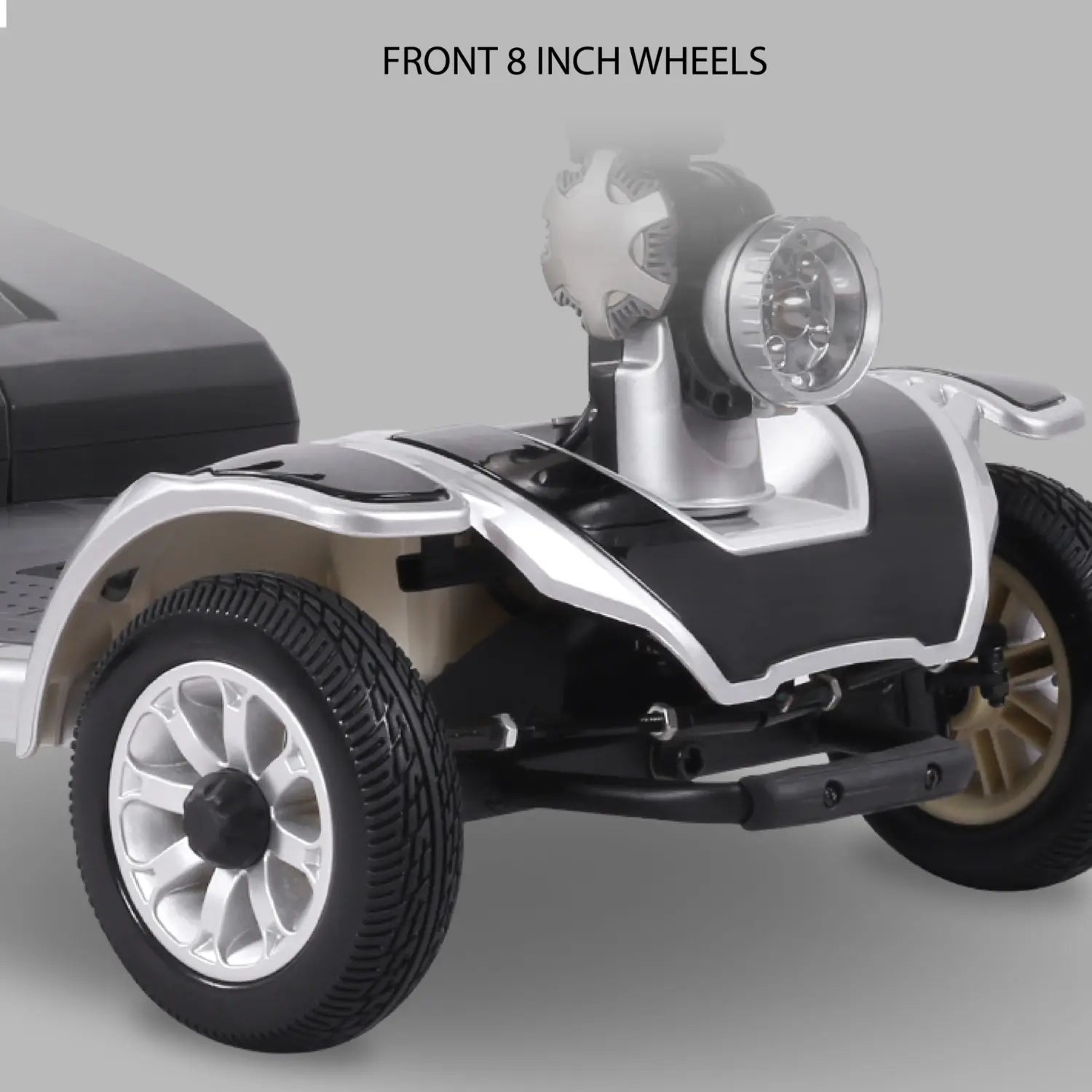 Golf cart with front 8 inch wheels on a gray background