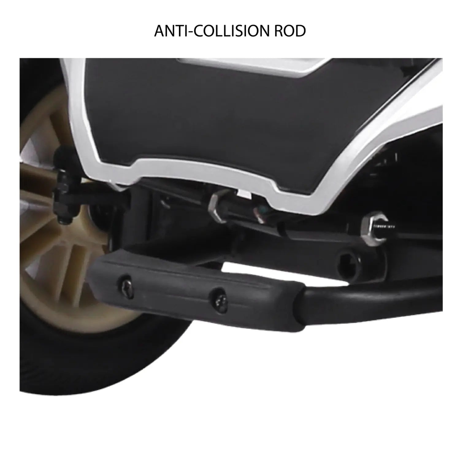 Anti-collision rod on a motorcycle with 'ANTI-COLLISION ROD' text above.
