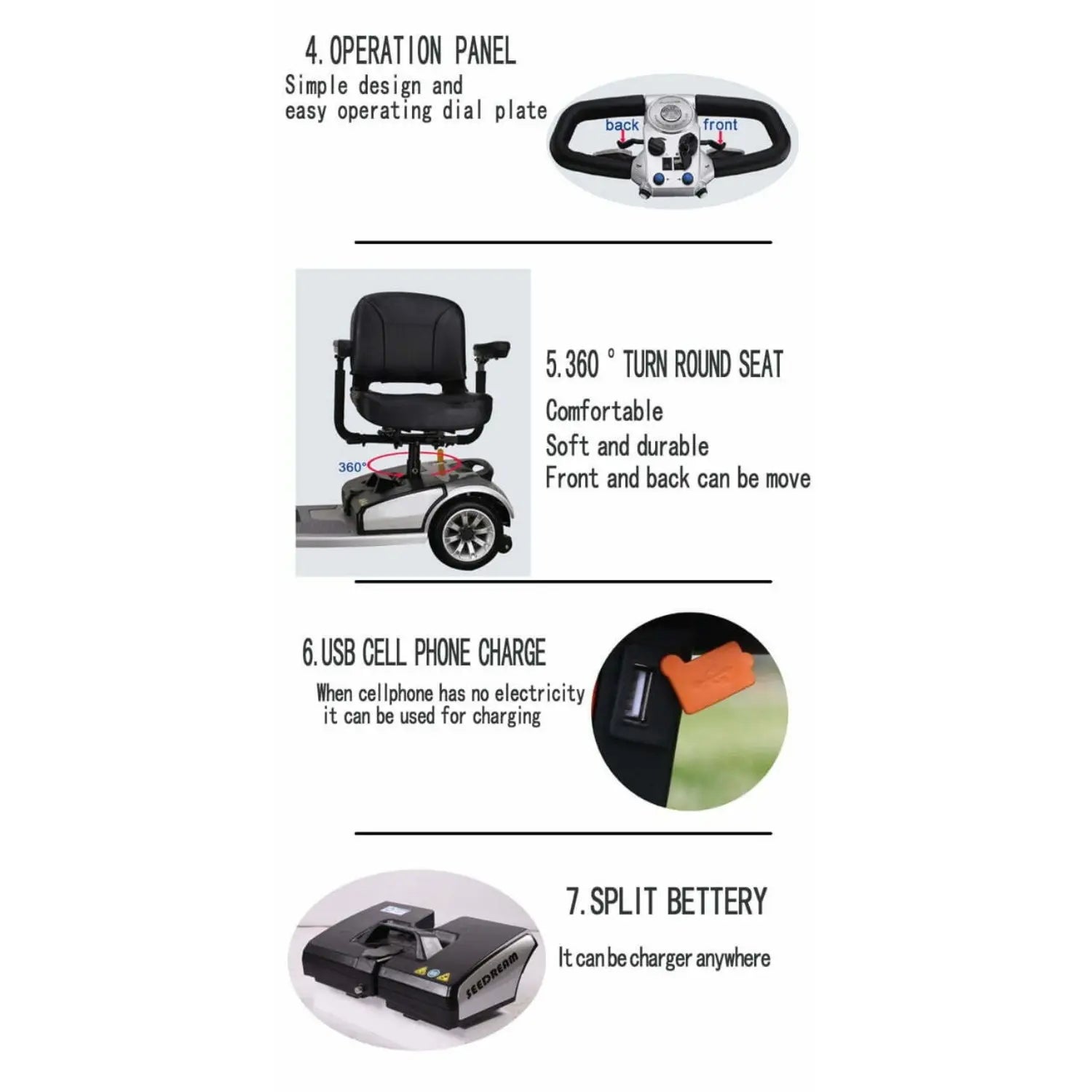 Product features with text and images on a white background