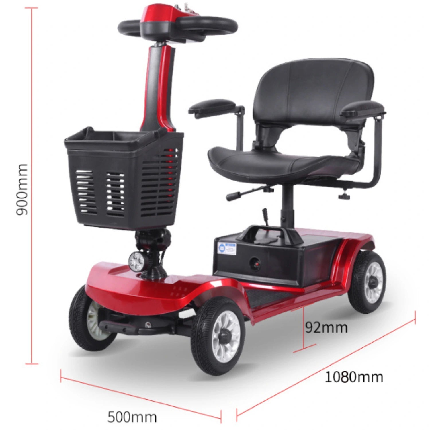 Red mobility scooter with dimensions indicated on a white background