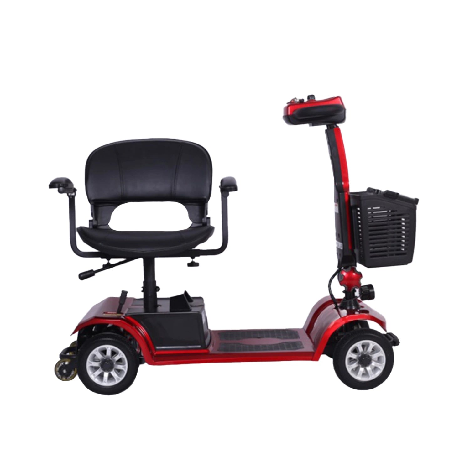 Red and black mobility scooter with a seat and basket on a white background