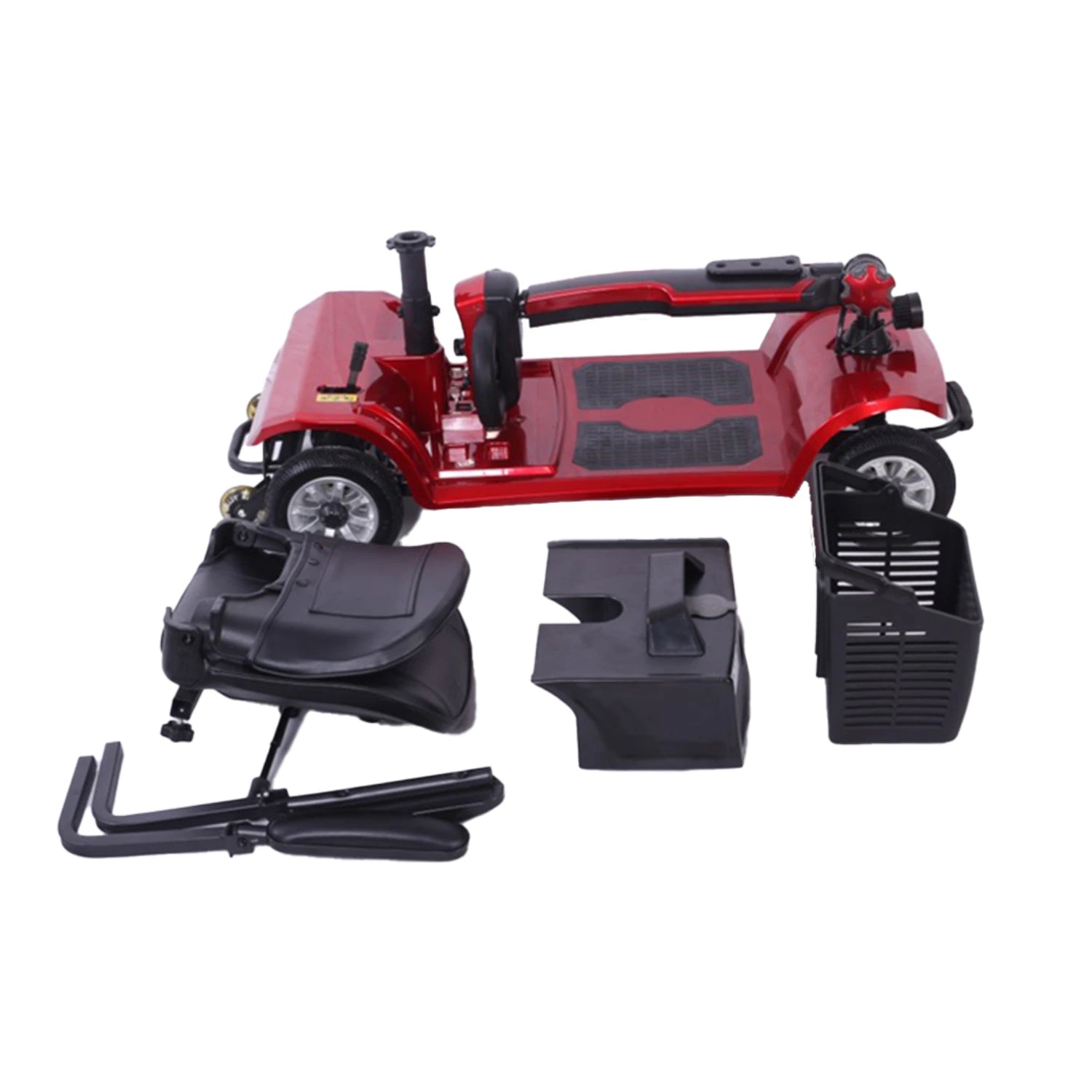 Red mobility scooter with black seat and accessories on a white background
