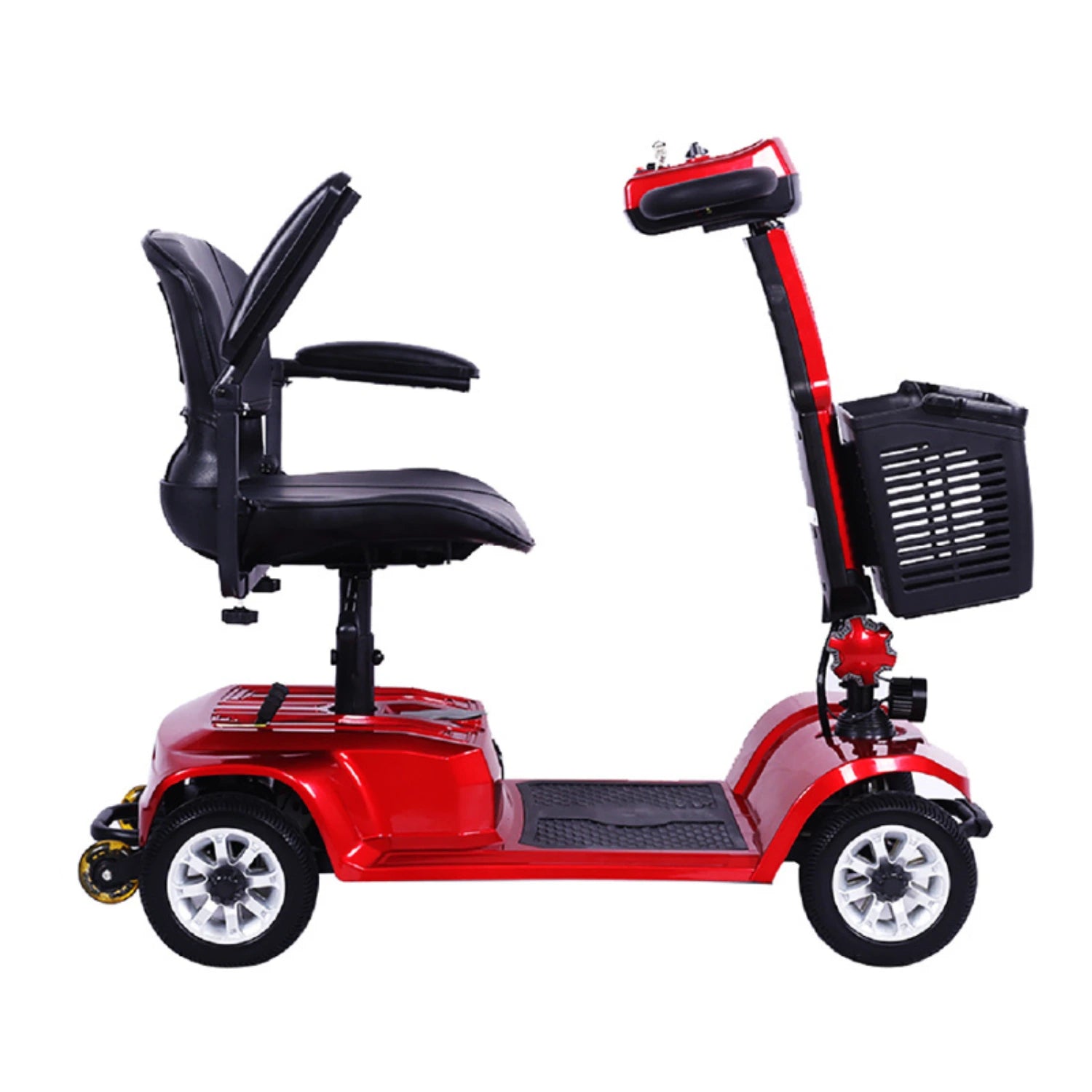 Red mobility scooter with a black seat and basket on a white background
