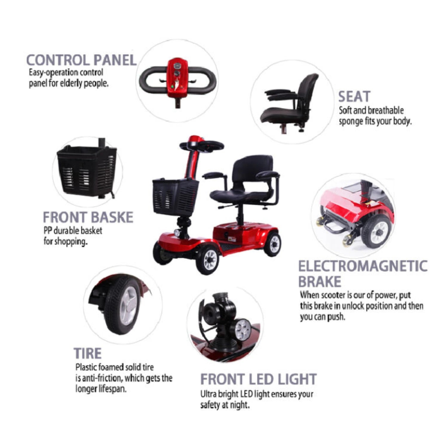 Red mobility scooter with features highlighted on a white background