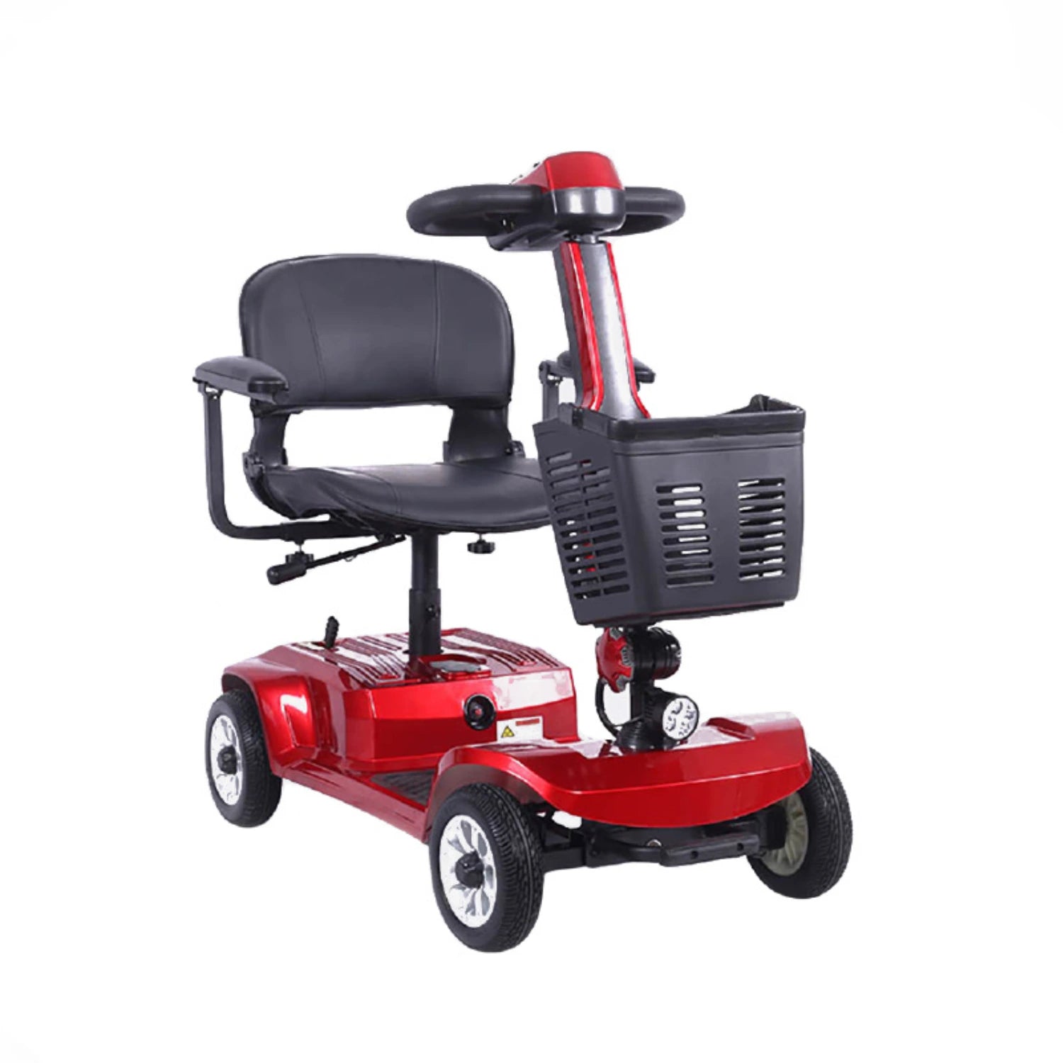 Red mobility scooter with a black seat and basket on a white background