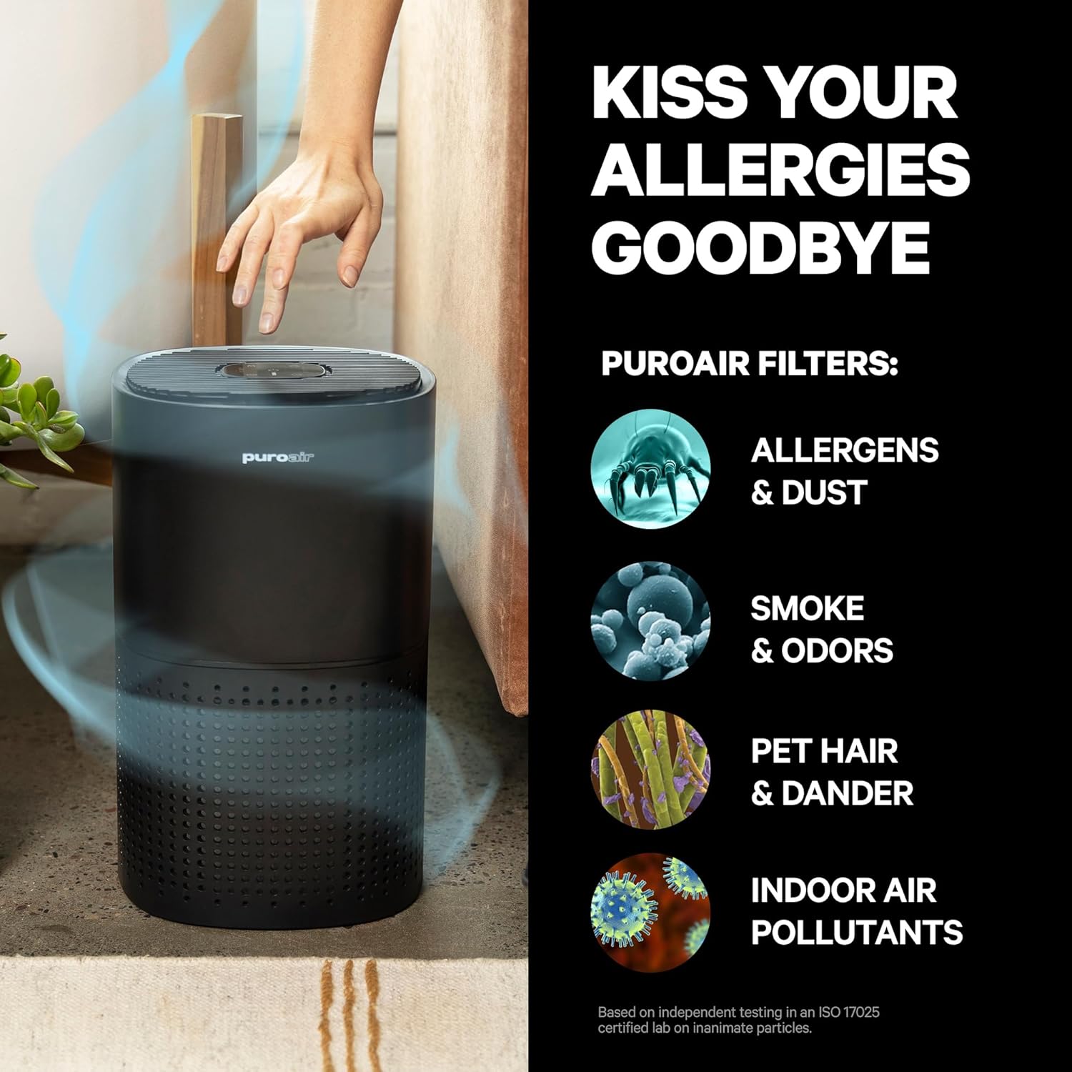 Air purifier with text 'Kiss Your Allergies Goodbye' and list of filtered particles.