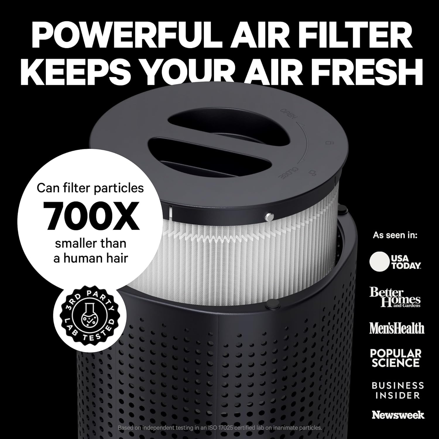 Black air filter with white text on a black background