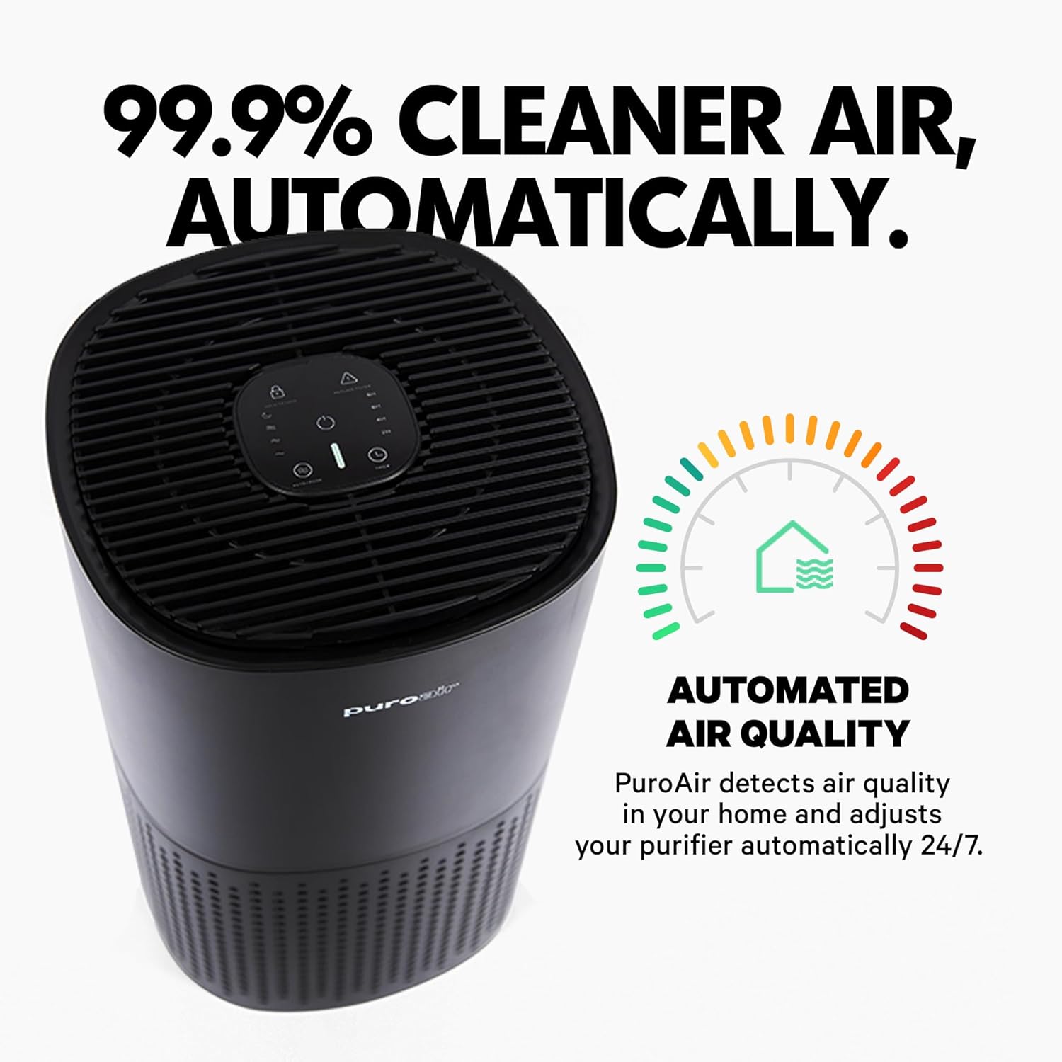 Black air purifier with text highlighting automated air quality detection on a white background
