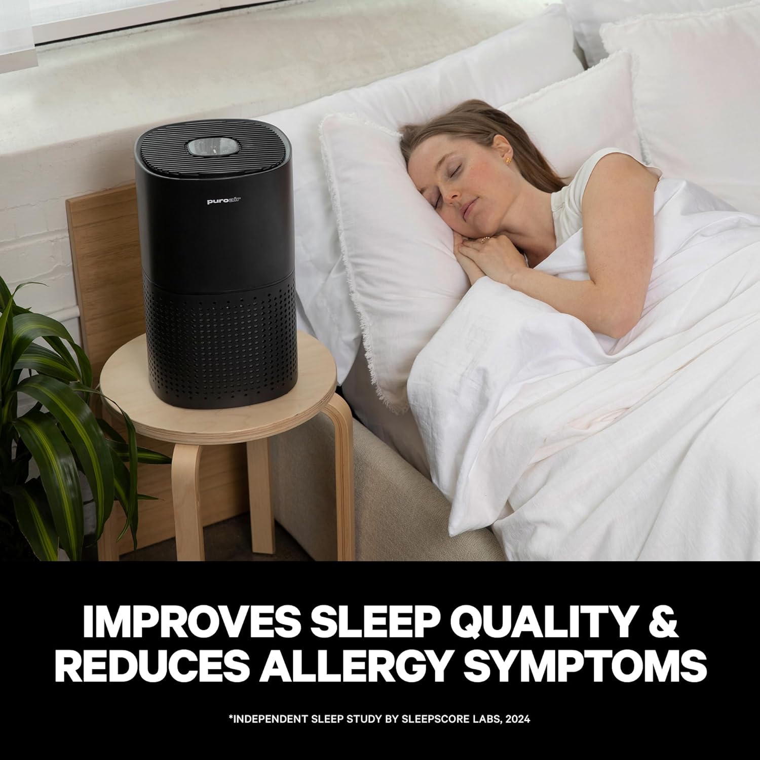 Woman sleeping in bed with an air purifier next to her, text about sleep quality and allergy symptoms.