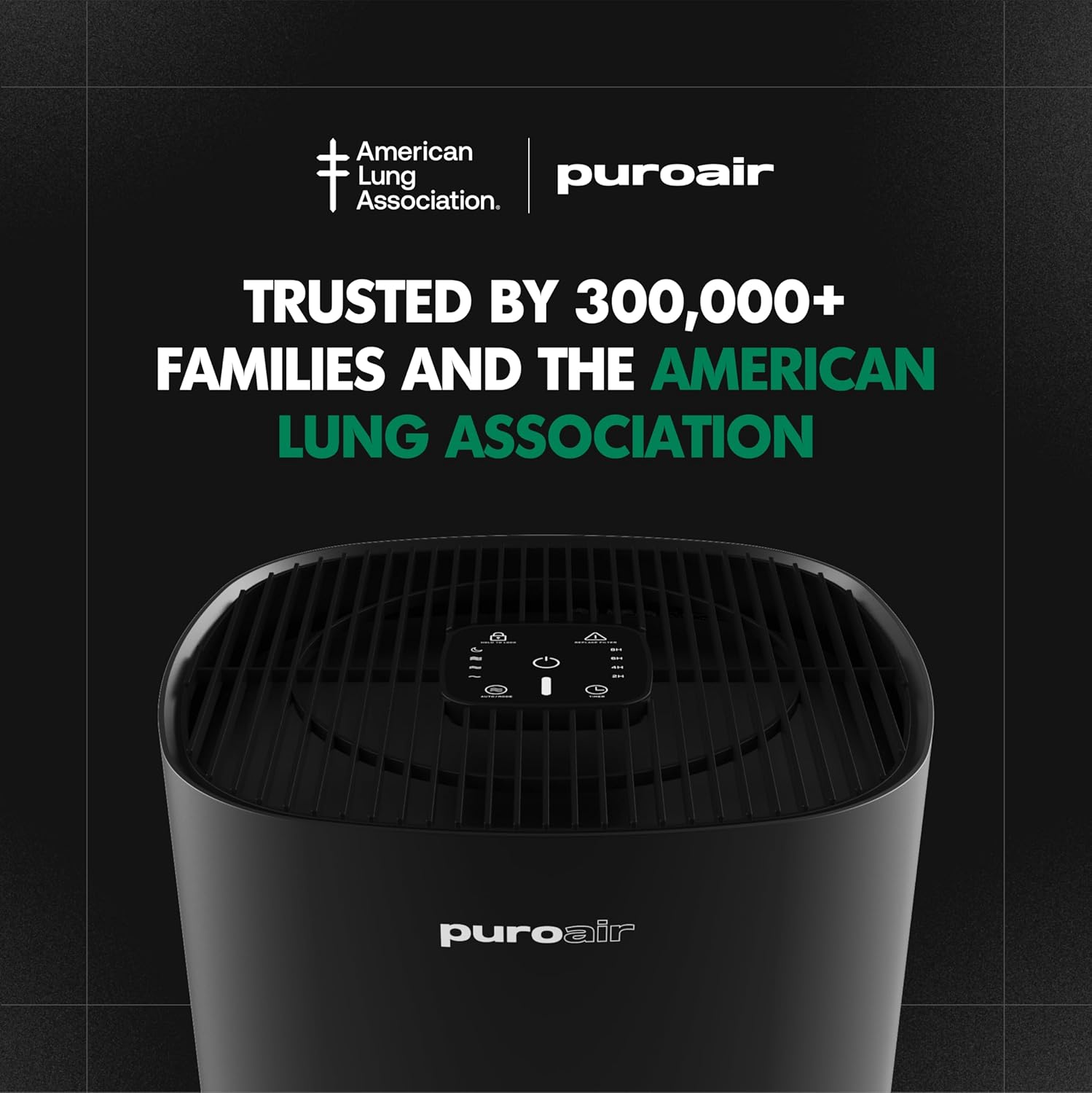 Puroair air purifier with American Lung Association branding on a black background
