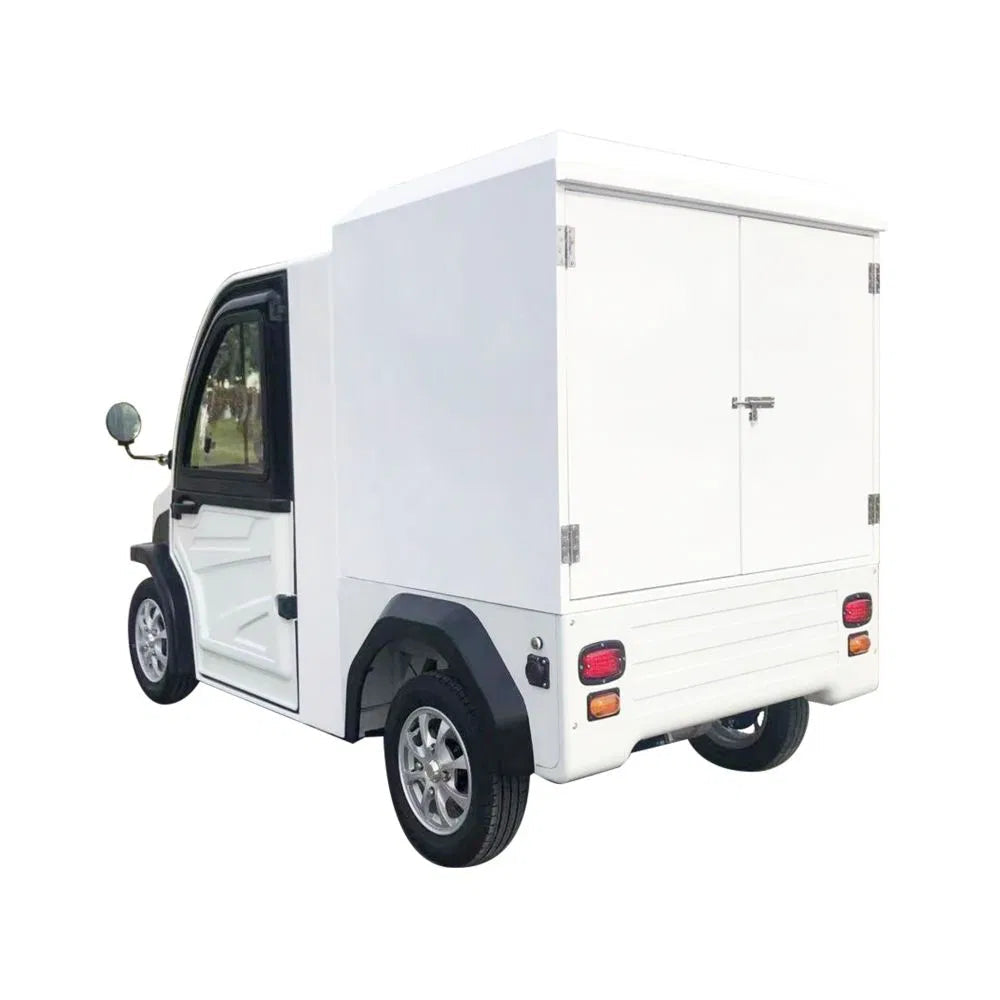 White electric vehicle with a cargo box on a white background, featuring the Clion EV logo.