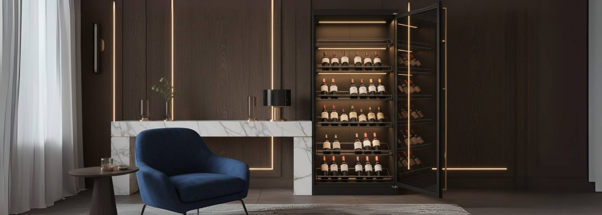 Modern interior with a blue armchair, marble table, and open wine cabinet.